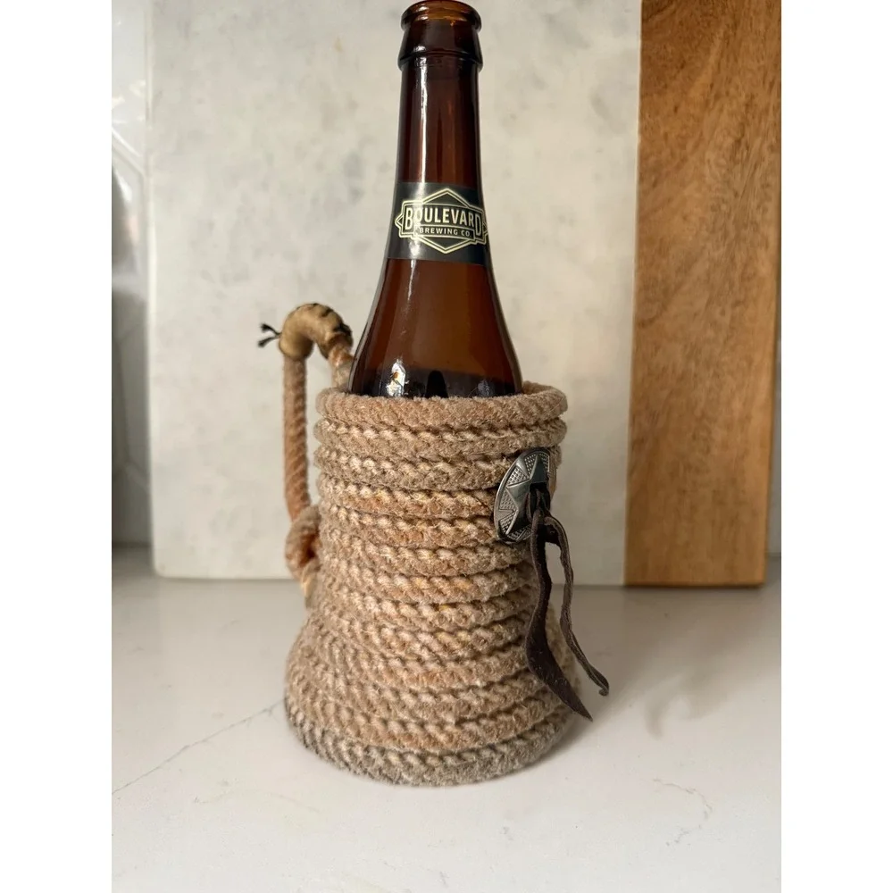 Lariat Rope Beer Mug set Holder Western Star‎ Concho Leather Tassel Drink cowboy